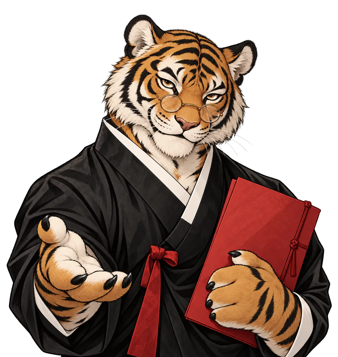 Horan, a tiger in a black hanbok coat with a red tie, round gold glasses, holding a red book and offering an open paw