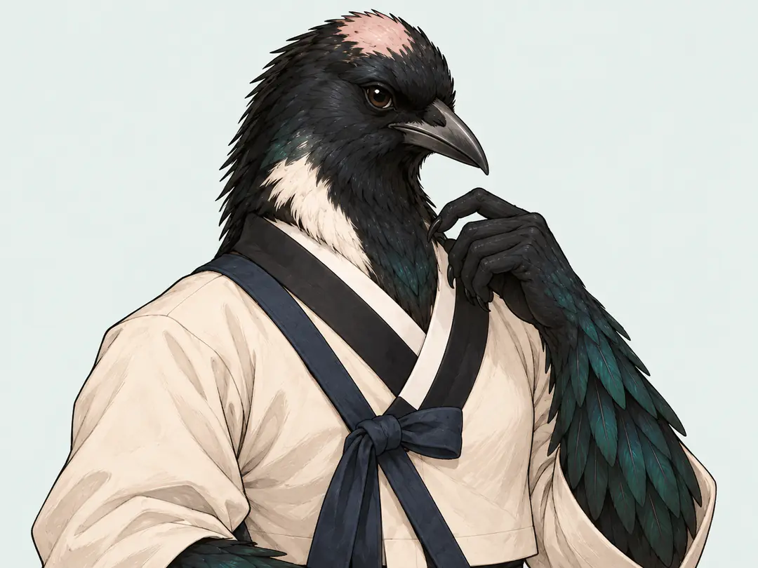 青緑の光沢がある白黒のカササギのカチ。頭のてっぺんに小さなはげ、片足に藍と柿色の房飾り